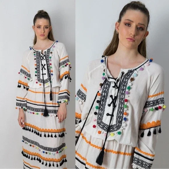 Dodo Bar Or Striped Pom Pom Maxi Dress Multi‎ Color Medium Boho Festival NEW - Picture 7 of 12